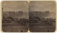 Black and white photograph of the ruins of the Pettit, Zenith, and Galaxy Mills after Washburn A Mill explosion on the Mississippi Riverfront, 1878.