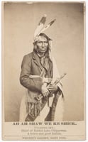 Black and white photograph of Iaweshowewekesik (Crossing the Sky), 1863. Iaweshowewekesik was a leader of the Gull and Rabbit Lake Ojibwe.