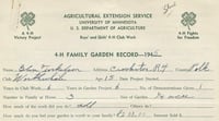 4-H family garden record kept by Worthwhile 4-H Club member Glen Torkelson, 1945.