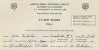 4-H beef record kept by Worthwhile 4-H Club member Glen Torkelson, 1947.