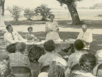 1958 Rural-Urban Tour picnic, featuring Cliff Pyle (moderator) Gloria Jenson (consumer) Art Tweet (grocers’ problems) and Mrs. William Ewing (farmers’ problems).