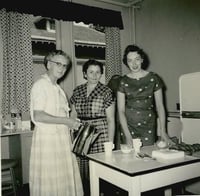 Black and white photograph of Irene Wachter Jobe, Jean Strickler, and Mrs. Robert Wurdan, 1959.