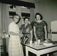 Black and white photograph of Irene Wachter Jobe, Jean Strickler, and Mrs. Robert Wurdan, 1959.
