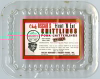Plastic container for frozen pork chittlings, marketed and sold from the late 1960s to 1970s by Oscar C. Howard under the Chef Oscar brand.