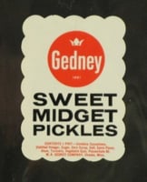 Color image of Gedney Sweet Midget Pickles label, c.1958.