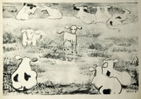 Cows and Calf, undated. Etching on paper by Clara Mairs.