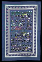 Color image of a Hmong paj ndaub, or story cloth, illustrating Hmong New Year activities. Made in at a refugee camp in Thailand, c.1980.