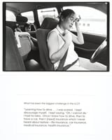 Black and white photograph of a woman driving a car with a child in the backseat, with accompanying quote, by Jane Kramer, 2004. From collection, Photographs and Stories of Refugee Women: Perseverance, Dignity, Strength, Hope, and Peace.