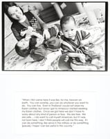 Black and white photograph of a woman sitting on the floor with two young children, with accompanying quote, by Jane Kramer, 2004. From collection, Photographs and Stories of Refugee Women: Perseverance, Dignity, Strength, Hope, and Peace.