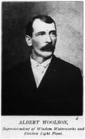 Photograph of Albert Woolson, 1896. In that year, Woolson was the superintendent of the Water Works and Electric Light Plant in Windom. The image appears in the 1896 Cottonwood County Plat Book, available at the Minnesota Historical Society under call number 175R.1.