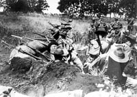 Black and white photograph of candidates in entrenchments at the Officers’ Training Camp, Fort Snelling, 1917.