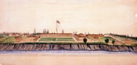 Watercolor of 1868 Fort Ripley by Col. Edward G. Bush (1838–1892). Painted by Bush in 1880 upon revisiting the fort that he commanded September 1868 to May 1869 while a thirty-year-old captain.  The painting depicts the fort as he remembered it in 1868.