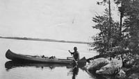 Black and white photograph of an early trip to what is now the Boundary Waters Canoe area, ca. 1916.