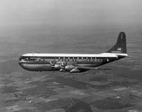 Black and white photograph of Northwest Airlines Stratocruiser, c.1955. Photographed by Don Berg Photography.