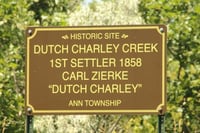 Color image of a commemorative sign erected in 1949 to mark the site of the Zierke family cabin, ca. 2010. Photograph by Dave Van Loh.