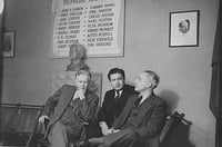 Black and white photograph of Socialist Workers Party members, ca. 1941. Left to right: James Cannon, Felix Marrow, and Albert Goldman.