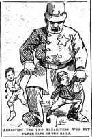 Black and white scan of Arresting the two young dynamiters who put paper caps on the rails. Minneapolis Journal, April 18, 1889.