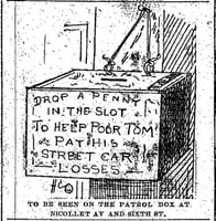 Black and white scan of To be seen on the patrol box at Nicollet Av. and Sixth St. Minneapolis Journal, April 19, 1889.