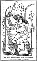 Black and white scan of On the motor – the new conductor announcing the streets. Minneapolis Journal, April 20, 1889.