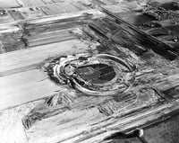 Black and white photograph of Metropolitan Stadium under construction. Photograph: Minneapolis Star Journal Tribune, 1955.