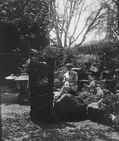 Black and white photograph of John S. Bradstreet and Sam Trubshaw (one of his designers) in the Crafthouse Japanese garden, ca. 1910.