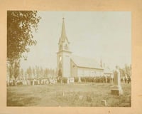 Congregation standing outside Swedish Lutheran Church in Svea Township
