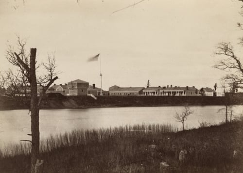 Black and white photograph of Fort Ripley, 1862.