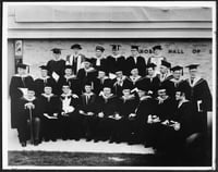 Black and white photograph of 26 Nobel Laureates take part in the dedication of the Alfred Nobel hall of Science at Gustavus Adolphus College, St. Peter, 1963.