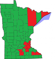 Map of Minnesota showing the results of the marriage referendum included on ballots for the election held on November 6, 2012. Counties marked in red indicate a majority of “no” votes counties marked in green indicate a majority of “yes” votes.