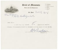 Receipt for illegal margarine seized from a St. Paul grocer, November 8, 1916. From the Davis, Kellogg & Severance Law Firm Records, 1878-1941, Minnesota Historical Society.