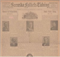 Color image of the August 30, 1905 issue of the Svenska Folkets Tidning, with an article detailing the history of the paper since 1881 on the front page.