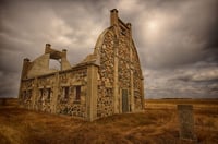 Color image of the rear side of the exterior of Schott Barn. Photographed on April 14, 2014, by Craig Voth.