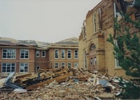 Photograph of a school destroyed by the St. Peter Tornado.
