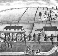 lithograph showing farm, houses, and rolling fields