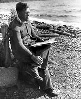 Black and white photograph of Elmer Benson by a lake, 1937.