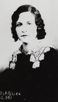 Black and white photograph of Evelyn Billie Frechette. John Dillinger's girlfriend, 1934. Photographed by the Bureau of Criminal Apprehension.