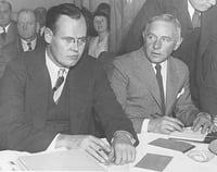 1933 image of Ernest Oberholtzer and Sewell Tyng representing the Quetico–Superior Council and defending the newly passed regulations of the Shipstead–Nolan Act and the Rainy Lake watershed in front of an international commission.