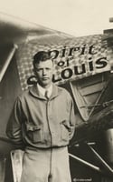 Black and white photograph of Charles Augustus Lindbergh with the Spirit of St. Louis, c.1928.