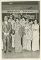 Black and white photograph of Preeti Mathur (first row, center left) at Bombay Airport in April 1978 with family on the eve of her departure to the United States. Used with the permission of Preeti Mathur.