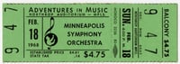Color scan of an admission ticket for a Sunday 4pm concert at Northrup Auditorium, February 18, 1968.