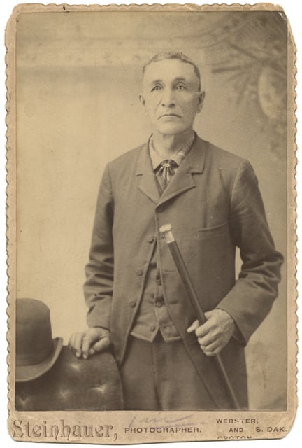 Black and white photograph of Gabriel Renville in South Dakota, ca. 1890. Photograph by Steinhauer.
