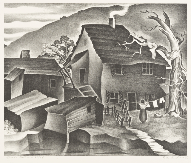 Black and white lithograph print on paper of Swede Hollow, ca. 1936