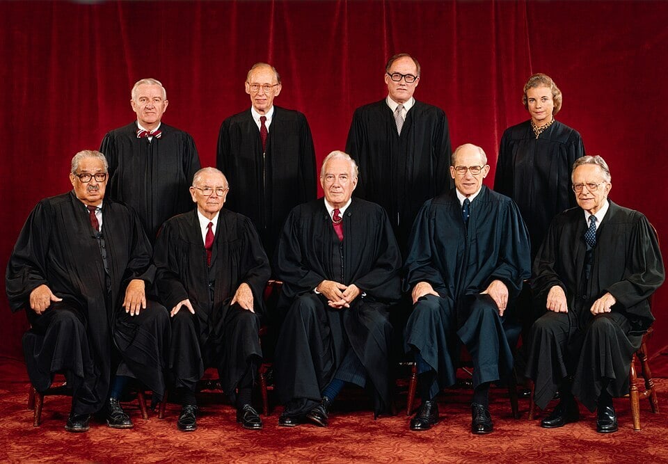 Nine people in black robes (US Supreme Court justices) stand and sit in two rows in front of a red backdrop.