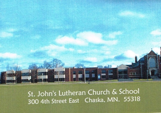St. John's Lutheran Church and School at 300 4th Street East in Chaska, MN. The church is the long, three-story building the church is on its far right side. Note the steeple at the far right of the church. Image rights retained by the Carver County Historical Society.