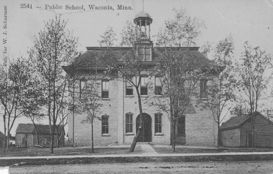 Postcard with an image of Waconia public school in 1900. Created by the St. Paul Souvenir Company in St. Paul. Photograph Collection, Carver County Historical Society, Waconia.