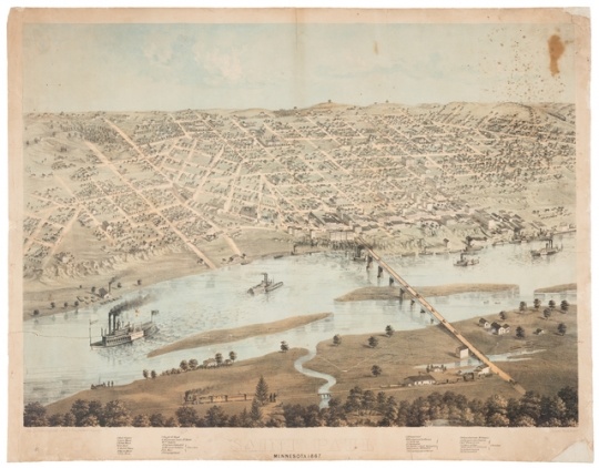 Color lithograph map of downtown St. Paul and West Side Flats, 1867. Lithograph by Albert Ruger.
