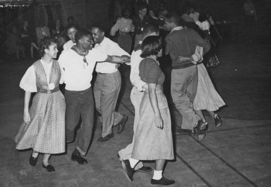 Black and white photograph of a square dance, Hallie Q. Brown Center, St. Paul, 1952.
