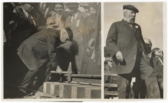 Black and white photograph of James J. Hill, at spike driving celebration extending the Great Northern Railroad, Bend, Oregon, 1911.