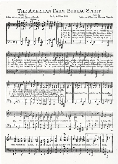Sheet music showing the four verses of “American Farm Bureau Spirit,” written by Lillian Atcherson and Florence Cheadle, 1930.