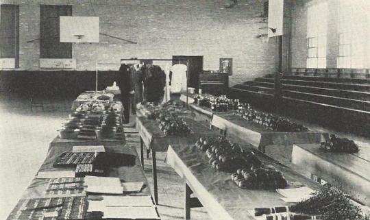Black and white photograph of Home Economic projects displayed on Parents’ Day, November 1934.